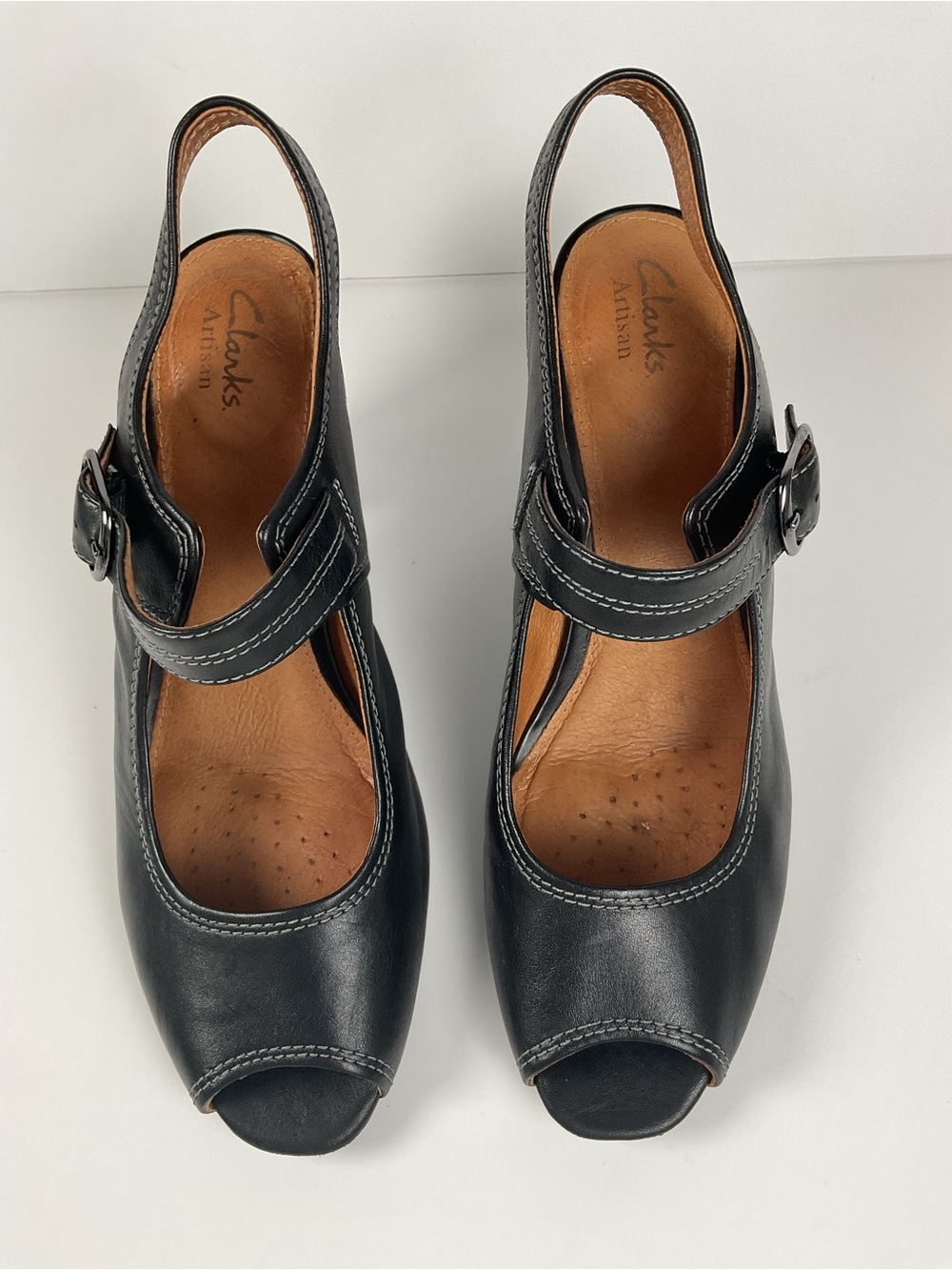Clarks Artisan Black Leather Slingback Peep Toe Heels Women’s 9.5M - Picture 5 of 11